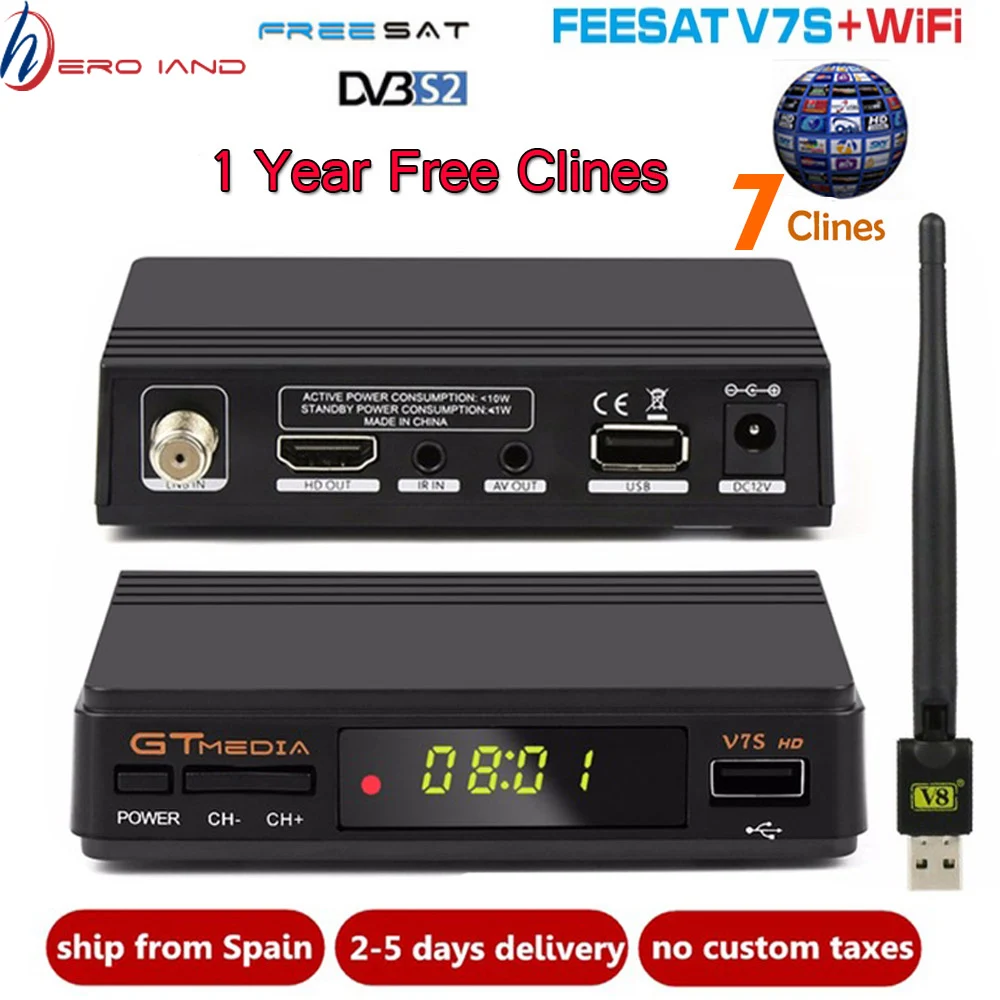 Freesat GTMEDIA V7S HD спутниковый ресивер+ USB WI-FI+ Клайн 1 год Европа Испания цлайнс обновления от V7 HD DVB-S2 цифровой приемное устройство