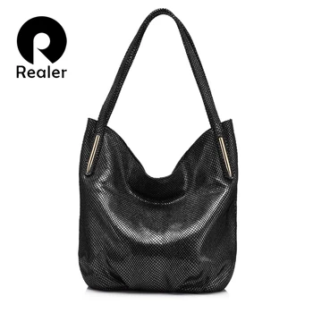 

REALER brand handbag women genuine leather shoulder bag female serpentine print large tote bag high quality zipper crossbody bag