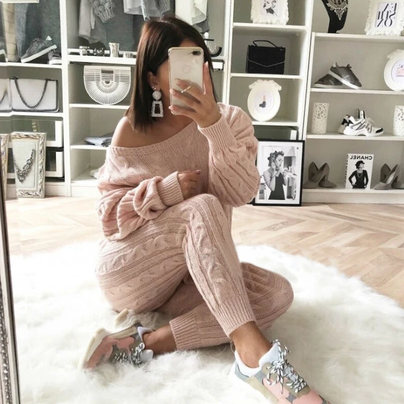 

Twist Knitted 2 Piece Set Women Long Sleeve Pullover Sweater + Split Pants Set Sexy Lady Knitting trousers Suit