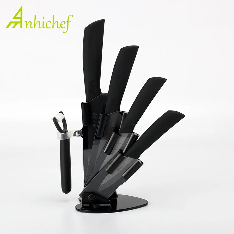 Кухонные ножи, набор керамических ножей " для очистки овощей 4", универсальный нож " для нарезки 6", нож шеф-повара+ держатель+ Овощечистка, черное лезвие - Color: Black Set