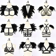 Женский, черный сексуальный перо ремня через одно плечо в готическом стиле праздничный топ клетка бюстгальтер Harajuku перо бондаж, БДСМ-белье 90 s портупея бюстгальтер