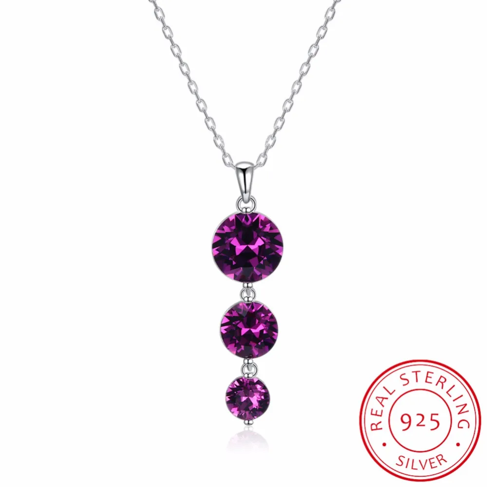 

LEKANI 925 Sterling Silver Women Necklace Three Round Crystal from Swarovski Fashion Jewelry water drop Crystal Pendant Necklace