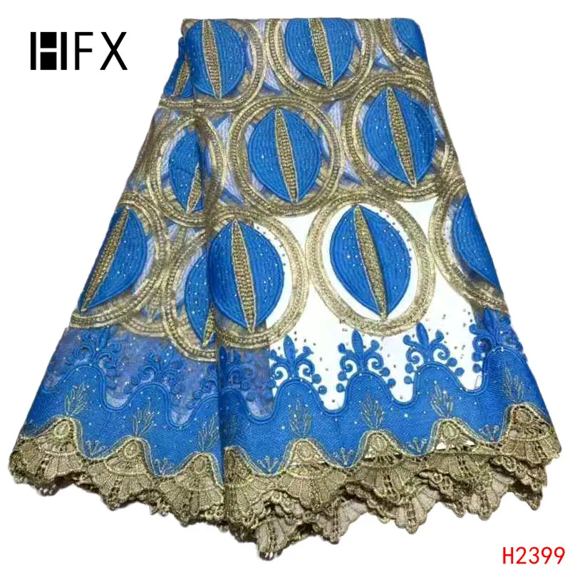 

HFX african lace fabrics 2019 New design blue embroidery tulle lace cord lace stones fabric 5yards/lot F2399