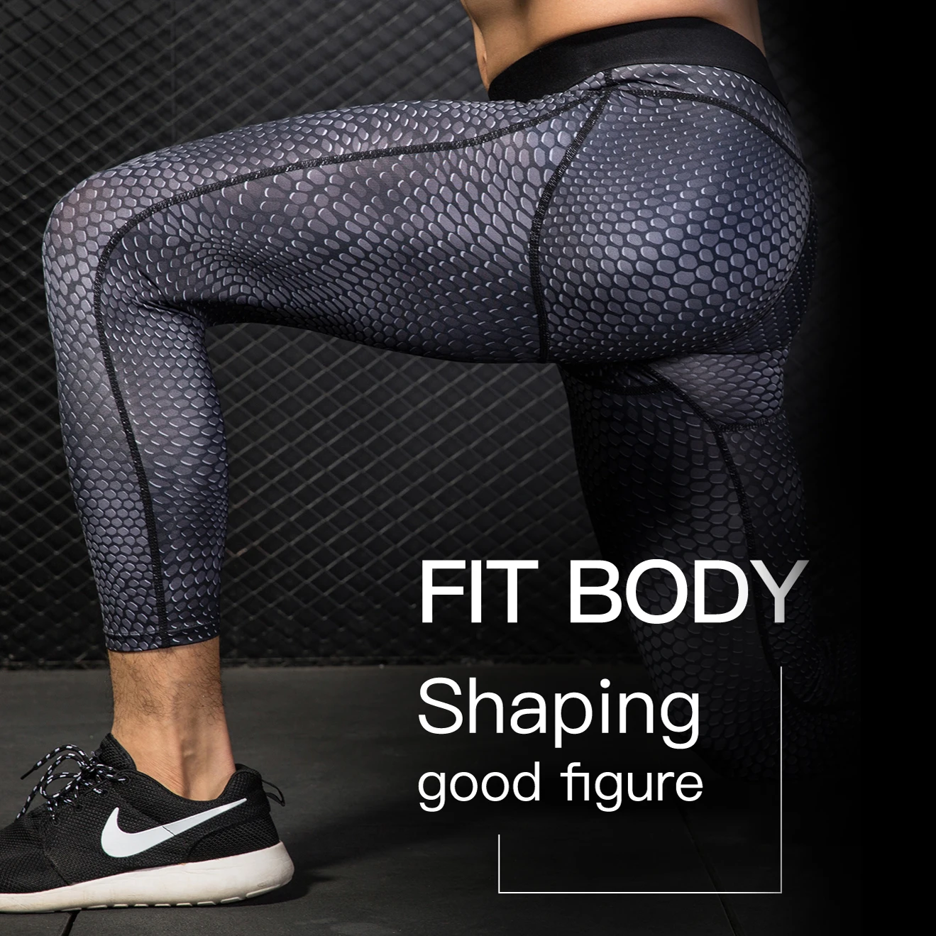 Queshark Professional Men Compression Dry Cool Sports Cropped Tights Pants Printing Baselayer Running Yoga Fitness Leggings