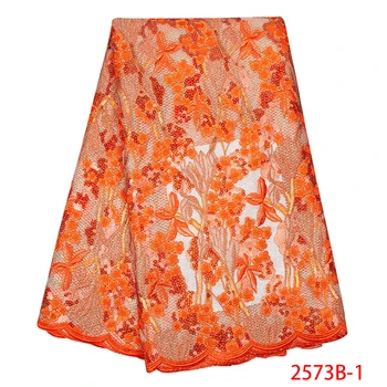 

African lace fabric 2019 High Quality Lace High Quality Sequins Lace Fabric For Wedding Dressess Orange Lace Fabric GD2573B-1