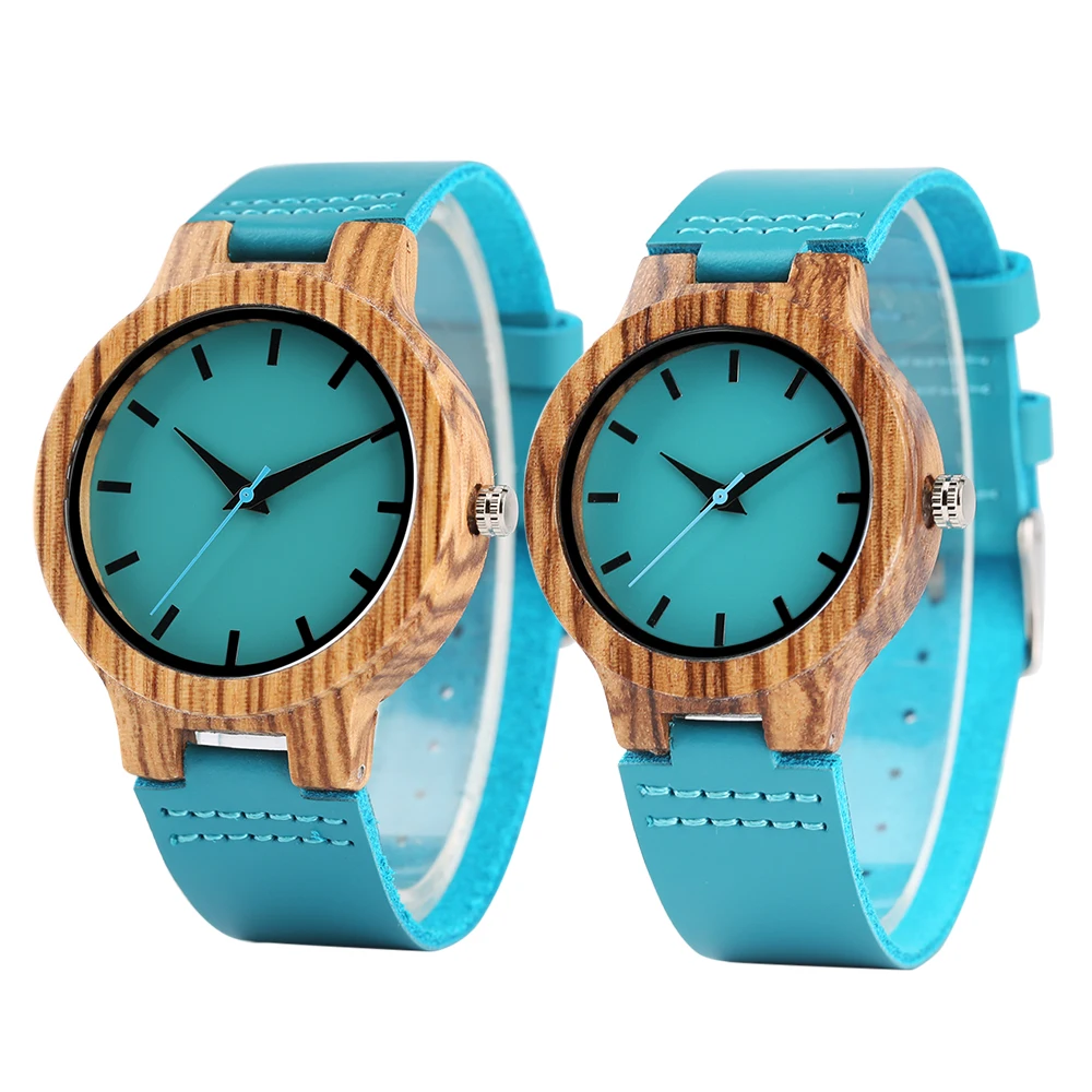 Mode Bamboe Hout Horloge Vrouwen Zebra Houten Blauwe Leren Band Mannen Horloges Creatieve Quartz Paar Klok Lover Geschenk Uurwerken