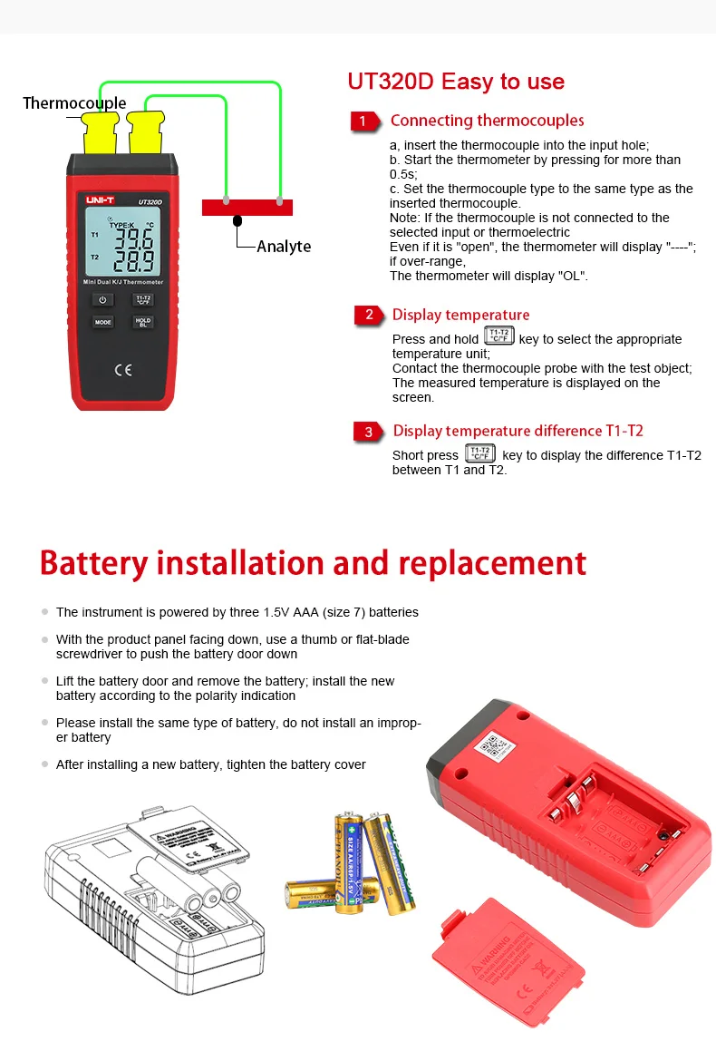 UNI-T UT320D мини-контактный термометр, двухканальный K/J термопары данные термометра, чтобы держать выключен автоматически