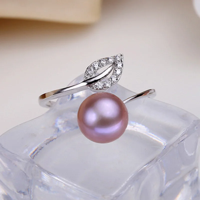 ASHIQI реальные 925 пробы Серебряные кольца в форме листа бижутерия размером 8-9 мм, натуральный речной жемчуг открытый палец ювелирное изделие - Цвет камня: Фиолетовый