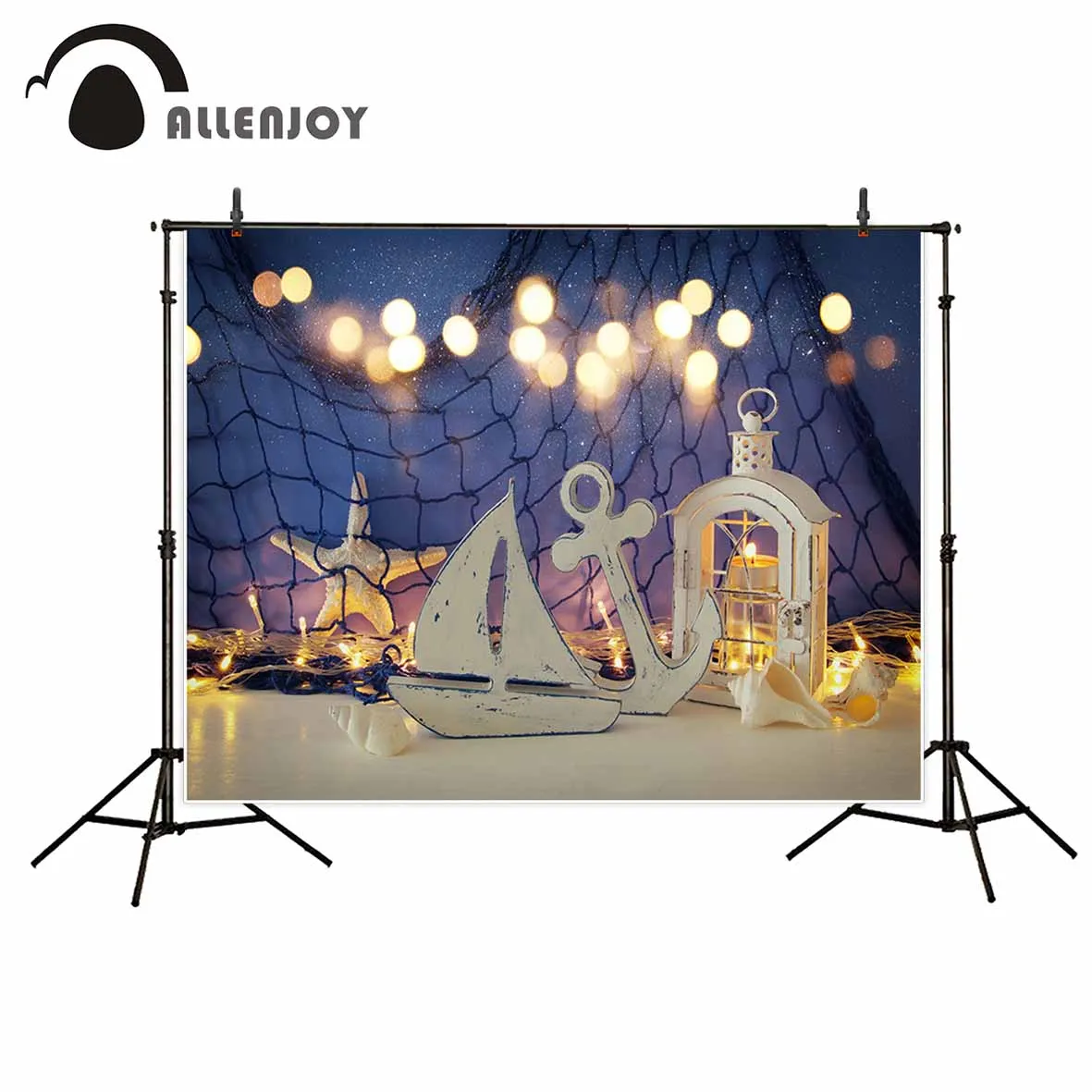 

Allenjoy photo background Magical lantern with candle and wooden boat shiny bokeh dots anchor fishing net for photo studio
