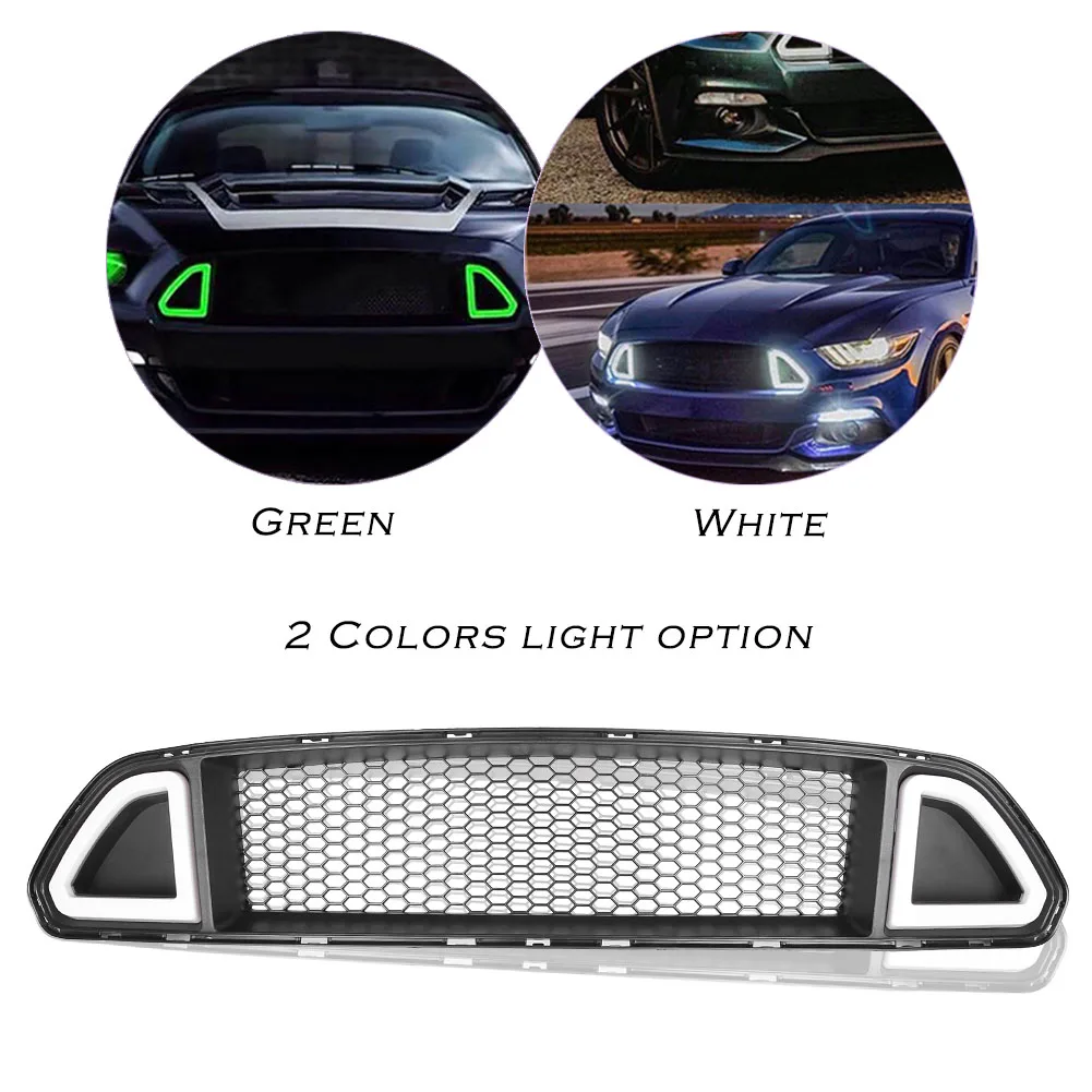  For Ford Mustang 2015 2016 2017 Front Grille Center Grill w/ LED Light Lamp White /Green - 32852949977