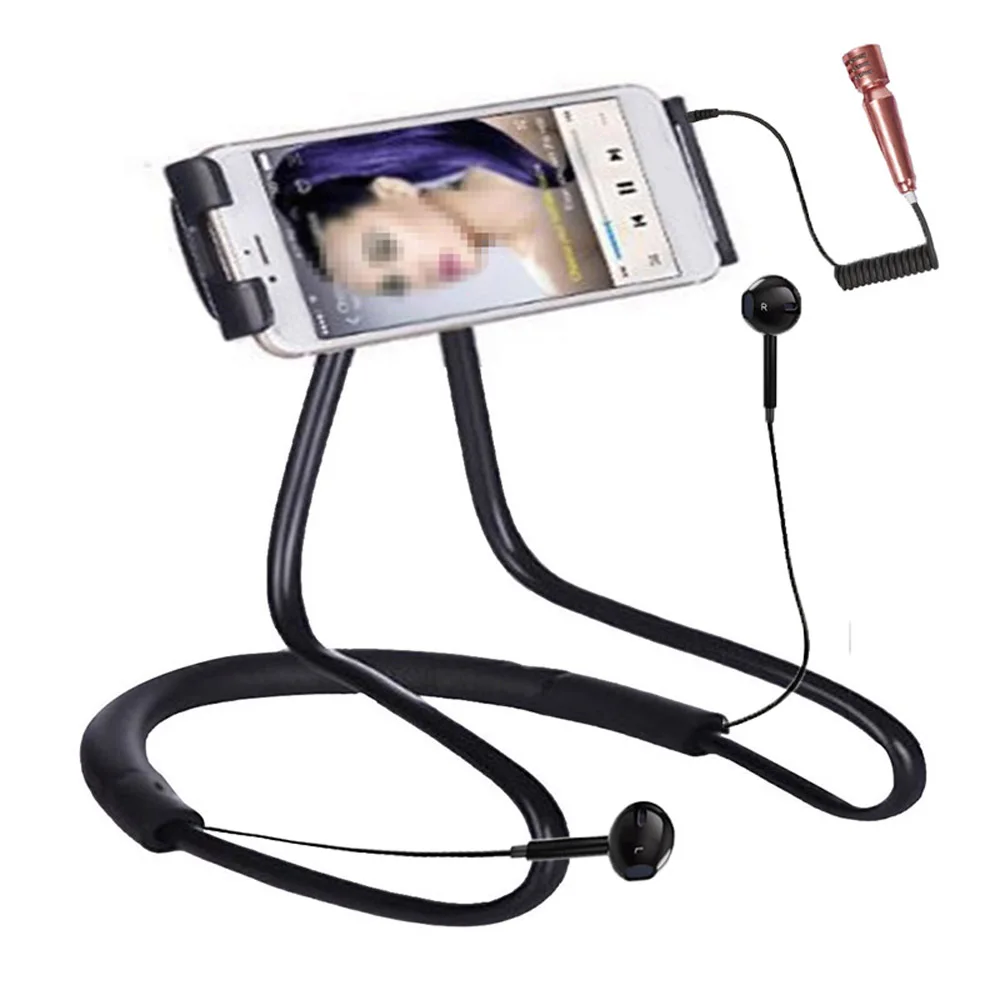 

2018 Universal 360 Rotating Lazy Hanging Neck Cellphone Bracket holder with earphone microphone