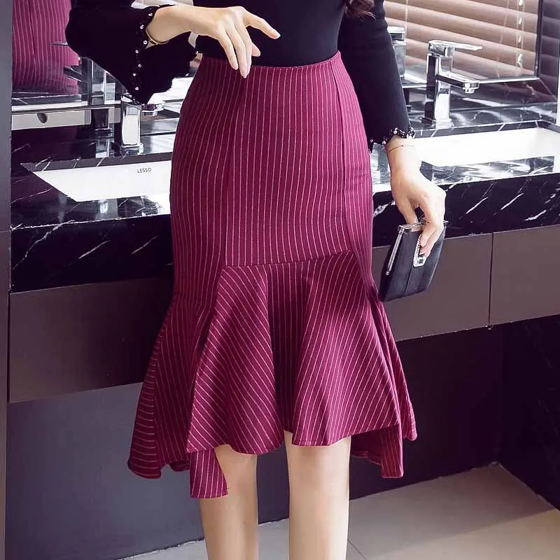 Новая полосатая модная женская юбка с оборками, высокая эластичная талия, тонкая сексуальная Офисная Женская юбка-карандаш средней длины 5XL - Цвет: red