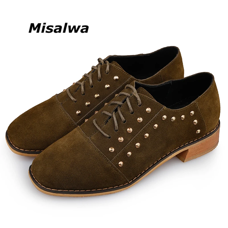 

Misalwa Cow Suede Leather Rivet Women Oxford Shoes Spring Ladies Flats Casual Shoe Autumn 2019 Moccasin Green Women Sneakers