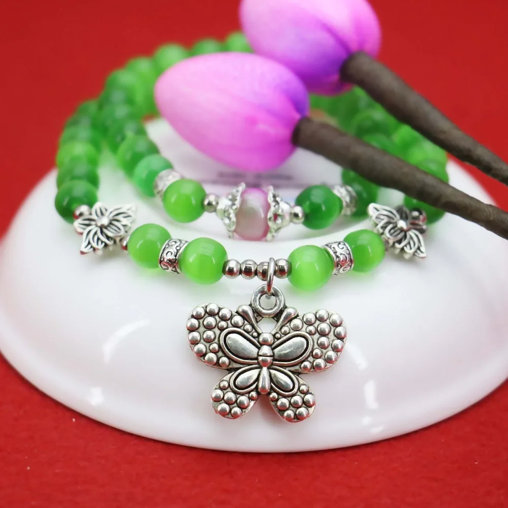 Download Double Layer 8mm Green Cat`s Eye Bracelet Silver butterfly ...
