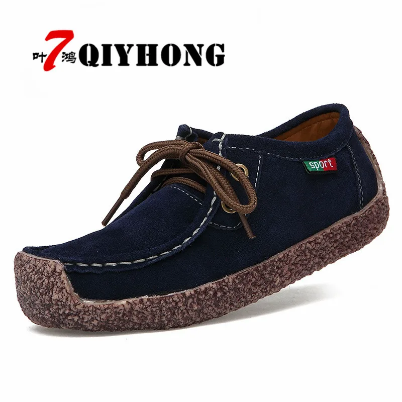 New 2018 Women Flats Comfortable Moccasins Suede Leather Lace Up Shoes Woman Navy Blue Flat Women'S Casual Snails Shoes