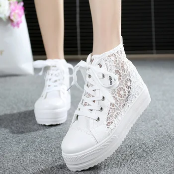 

Summer Hollow high-top Women Canvas Shoes Solid Color Within heavy-bottomed Muffin Breathable Casual Student Shoes DT683