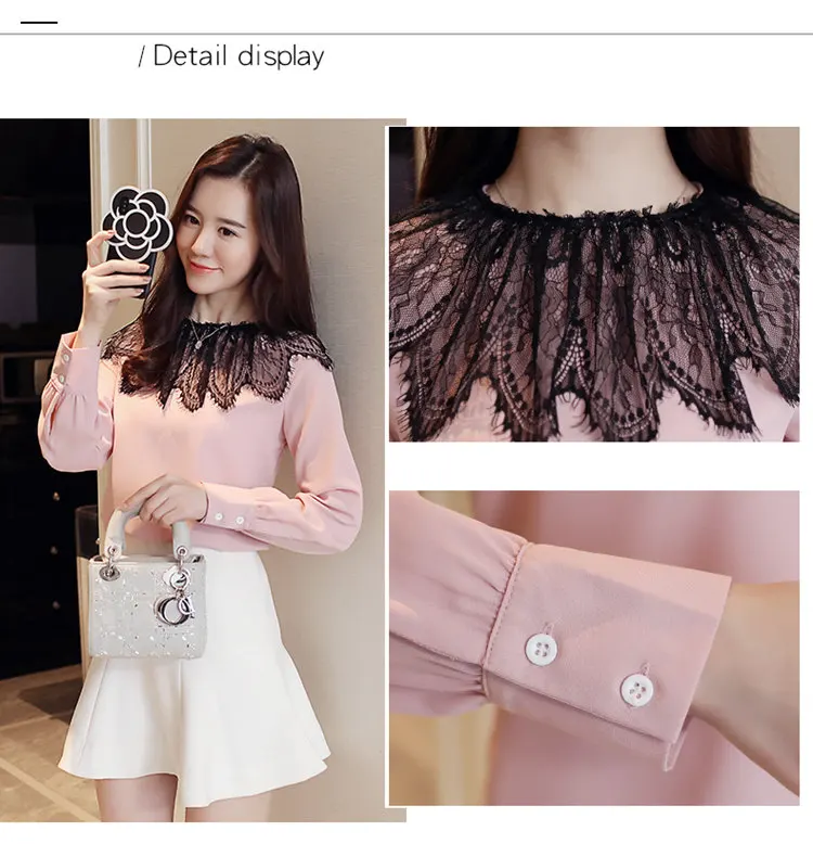2019 New Autumn Tops Women Fashion Lace Patchwork Blouses Casual Long Sleeve Chiffon Blusas Mujer Pink White Shirt Female (5)