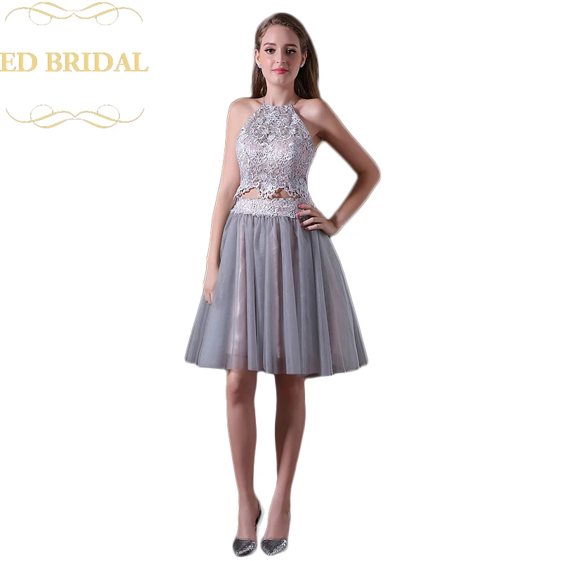 Halter Tank Top Lace Tulle Short Two Piece Prom Dress Sexy Backless