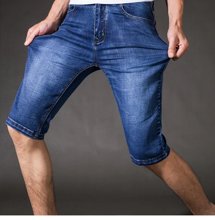 Новые прямые Пятиточечные джинсы летние модные сплошной цвет дышащий облегающие Шорты Джинсы мужские летние синие темно-синие шорты