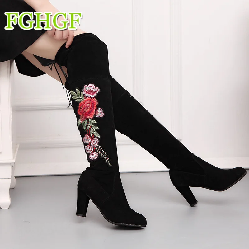 

2018 New Flock Women Over The Knee Boots Lace Up Sexy High Heels Women Shoes Lace Up Winter Boots Warm Big Size 35-43