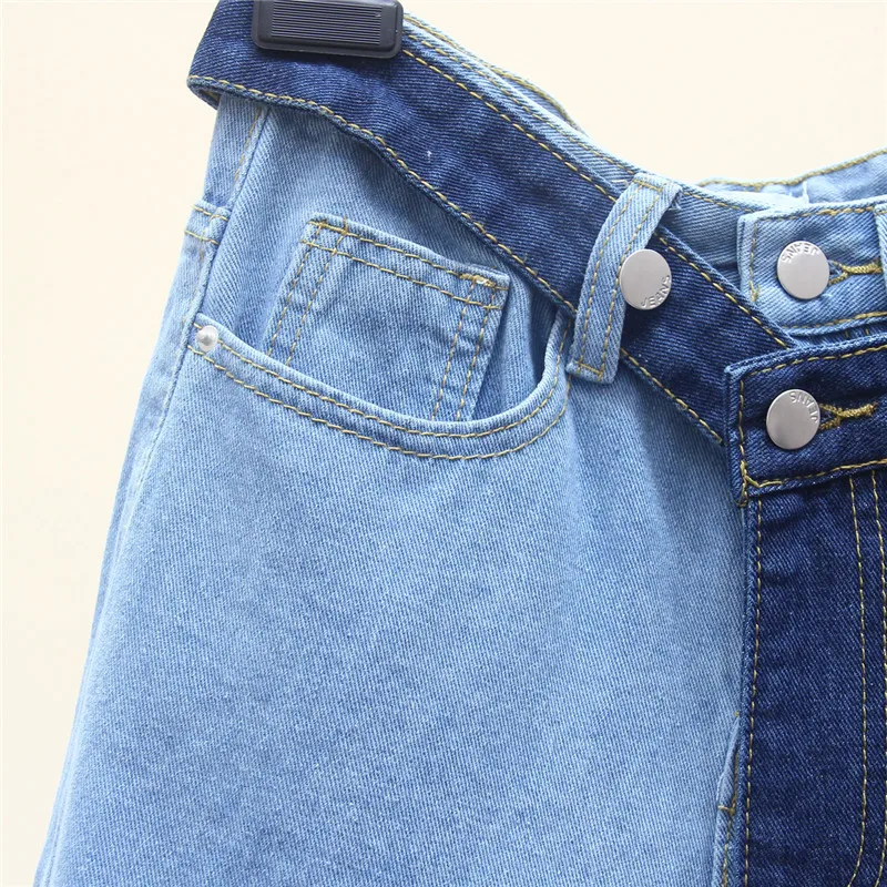 Стильные джинсы, женские брюки, имитация двух частей, джинсовые брюки, контрастные цвета, комбинированные джинсы Ins, брюки с высокой талией, повседневные брюки