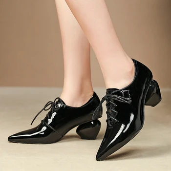 

Big size 42 women's genuine patent leather lace-up pumps pointed toe female OL style footwear high quality ladies retro shoes