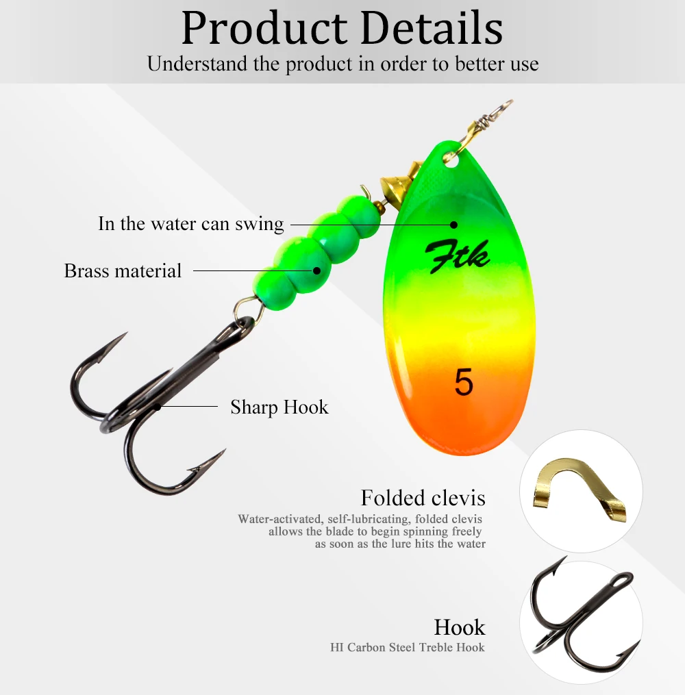 FTK New 1#-5# 5pcs/lot or 4pcs/lot Similar as Copper Spinner Bait Fishing Lure With Treble Hooks Hard Baits Spoon Pike