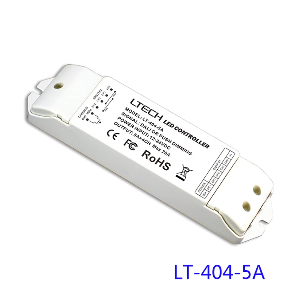 

LTECH LT-404-5A DALI Led Dimming Driver,DC5-24V;5A*4CH Max 20A output;DALI/Push button signal input for single color led strip
