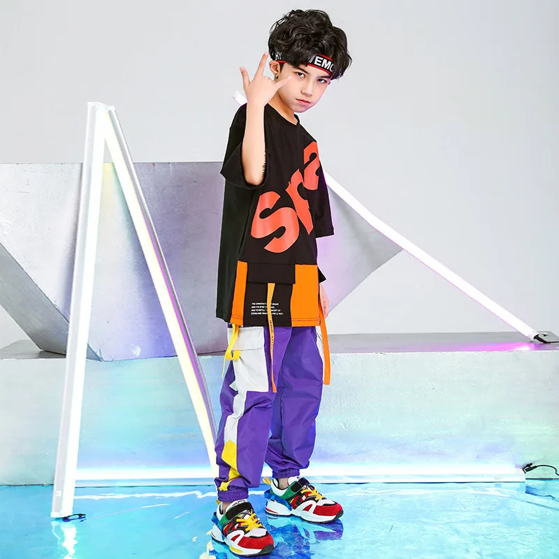 Acheter Enfants adultes Costumes collier en perles violet blanc poches lambrissées patchwork jaune rayure épissé jazz Harem Hip Hop danse pantalon