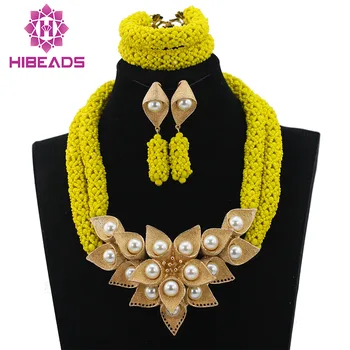 

Fabulous Yellow African Wedding Beads Women Jewelry Set Big Pendant Statement Necklace Earrings Set Gift Free Shipping WD268