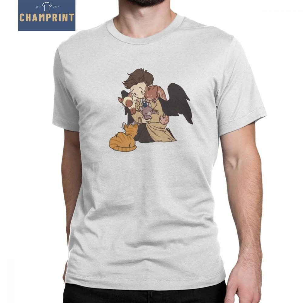 

Supernatural T-Shirts Spn Brothers Castiel And Kittens Man T Shirts Funky Purified Cotton Short Sleeved Tee Shirt Printing