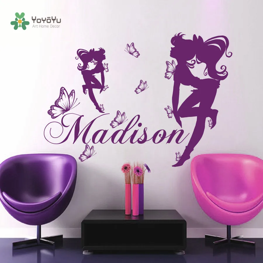 

YOYOYU Vinyl Wall Decal Beauty Girl Butterfly Personalized Custom Name Kids Room Home Decoration Stickers FD292