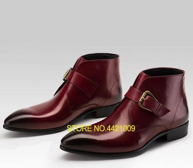 

Dress shoes men slip on buckle strap genuine leather pointed toes ankle boots smart casual height increasing shoes martin boots
