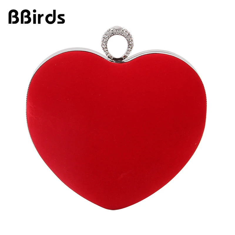 

BBirds Heart Evening Bag Women Velvet Red Clutch Bag For Bridal Wedding Party Mini Velour Finger Ring Bag Purse bolso
