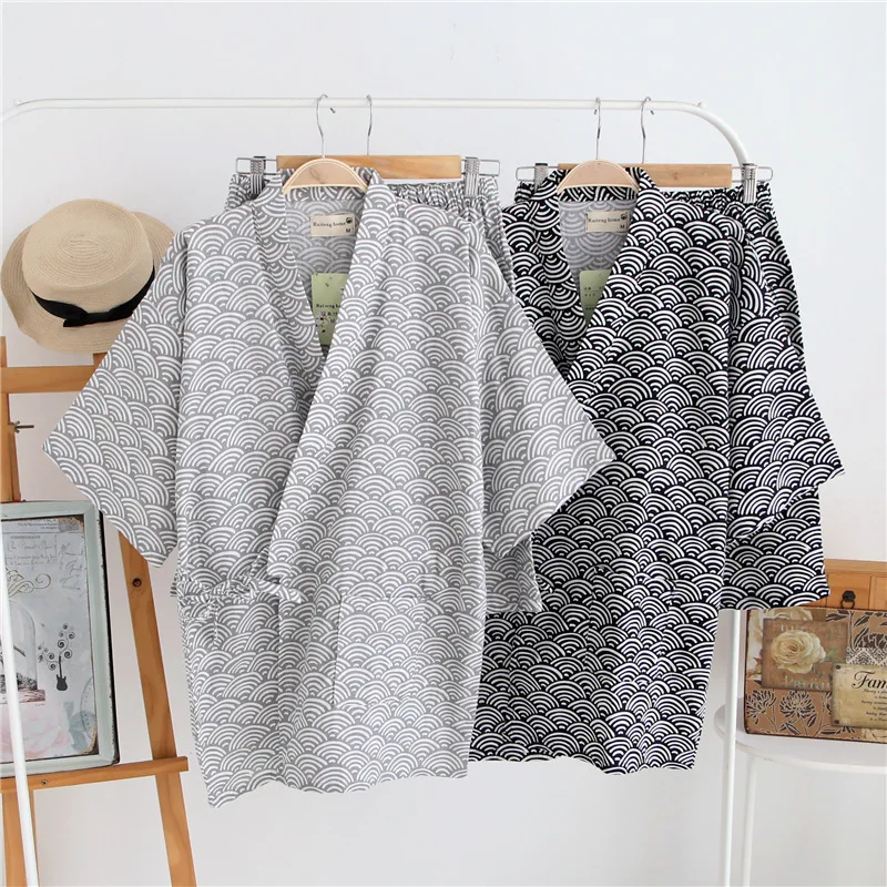 Traditional Men Japanese Pajamas Sets Simple Kimono Robes Yukata Suits Nightgown Cotton Sleepwear Bathrobe Leisure Wear Homewear