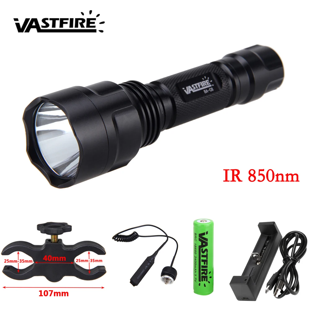 

850nm IR Night Vision Weapon Light C8 Infrared Hunting Flashlight+18650+USB Charger+Switch+Rifle Mount for Night Vision Camera