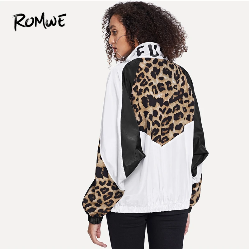 Koop ROMWE Brief En Luipaard Print Jas 2019 Toevallige Wit Colorblock Lente Herfst Outer Rits Stand Kraag Lange Mouwen Jas