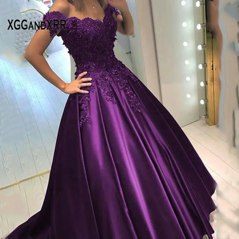 

Sexy V Neck Purple Long Satin Prom Dresses 2019 Royal Blue Lace Applique Crystals A Line Long Formal Evening Dress Party Gowns
