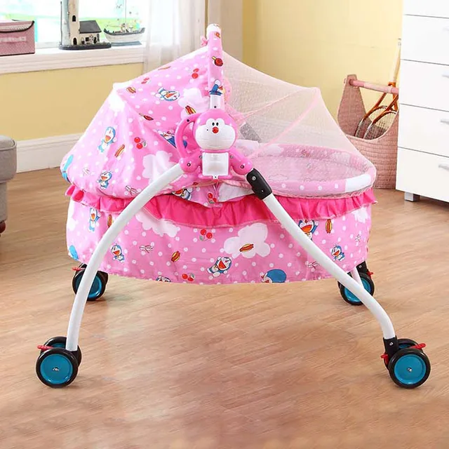 Baby Electric Cradle Bed Baby Trolley Crib with Roller Child Rocking Bed Infant Baby Crib