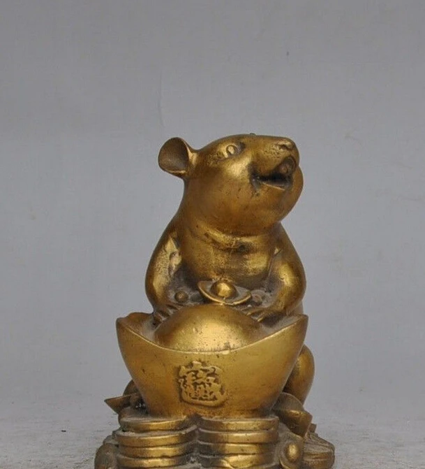

Chinese Folk Fengshui Brass Zodiac Year Mouse Mice Rat wealth Yuanbao Statue