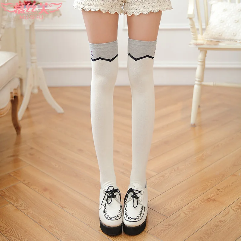 Harajuku kawaii зима осень толщины для женщин девочек хлопок якорь вышивка колено высокие носки Винтаж бедра высокие носки чулок - Цвет: White