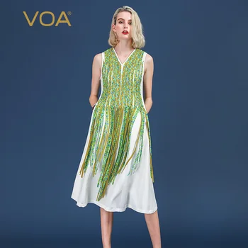 

VOA Heavy Silk Women Long Dresses Plus Size 5XL Swing Dress Tassels Slim Tunic V Neck Sleeveless Print Summer Elegant A531
