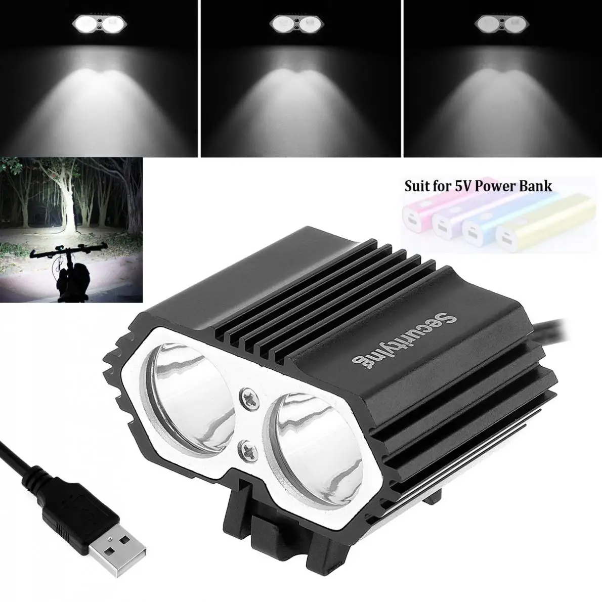 

SecurityIng Outdoor 5V USB XM-L T6 X2 LED Waterproof 4-Mode Bicycle Head Light Cycling Front Lamp