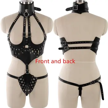 

Sexy Leather Full Body Bondage Harness Lingerie Set Black Hollow Out Rivet Gothic Dance Party Club Festival Rave Wear for Women