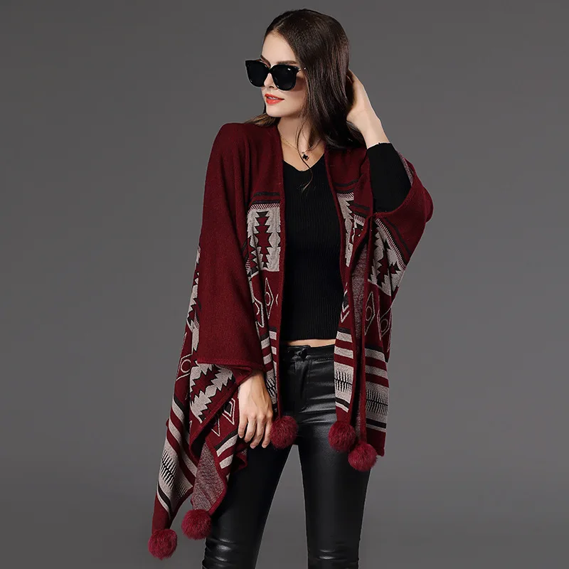 Women Winter Sweater Casual Long sleeve V-neck Cardigans Poncho Capes Shawl Batwing Sleeve Sweaters Jumper Outwear Knitted Coat Sweaters