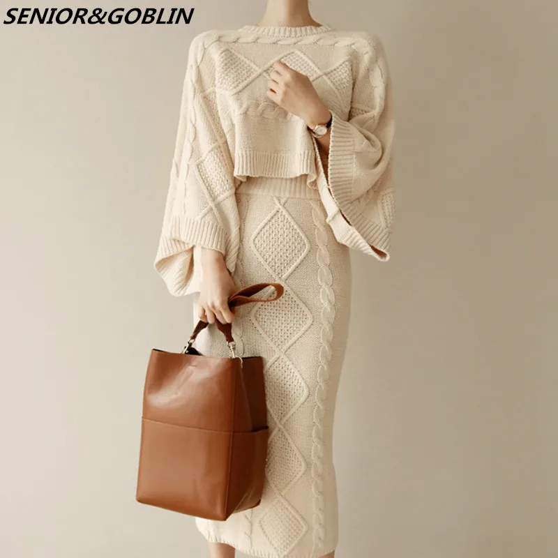 

2019 High Quality Autumn Winter Women Knitted 2 Piece Set Batwing Sleeve Loose Tops+Slim Bodycon Skirt Female Sweater Suits