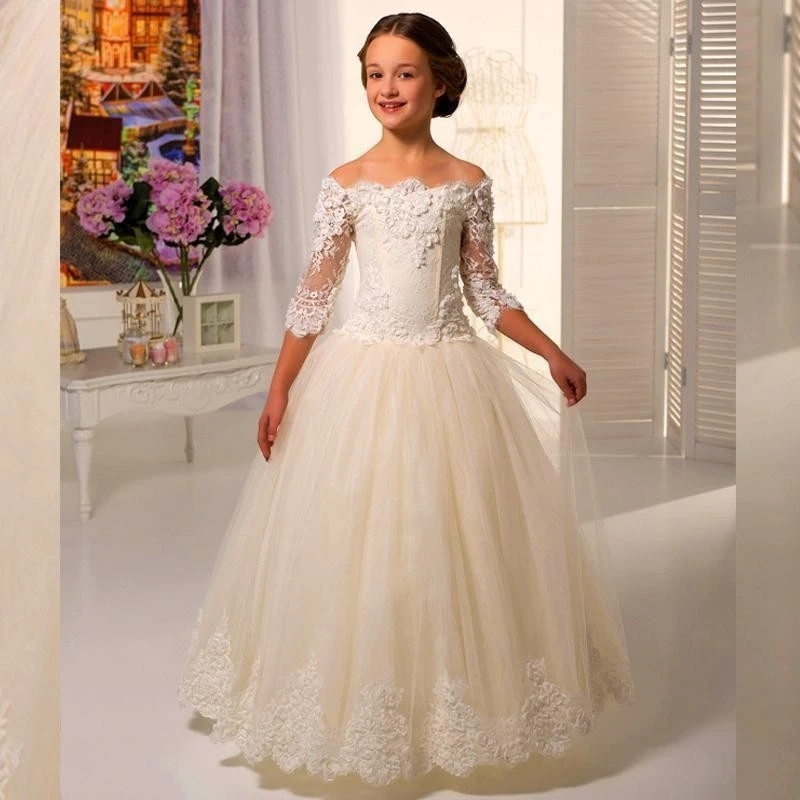 

Ivory Lace Flowergirls Flower Girl Dresses for Weddings First Communion Dresses for Girls Tulle Ball Gowns bloemenmeisjes jurk