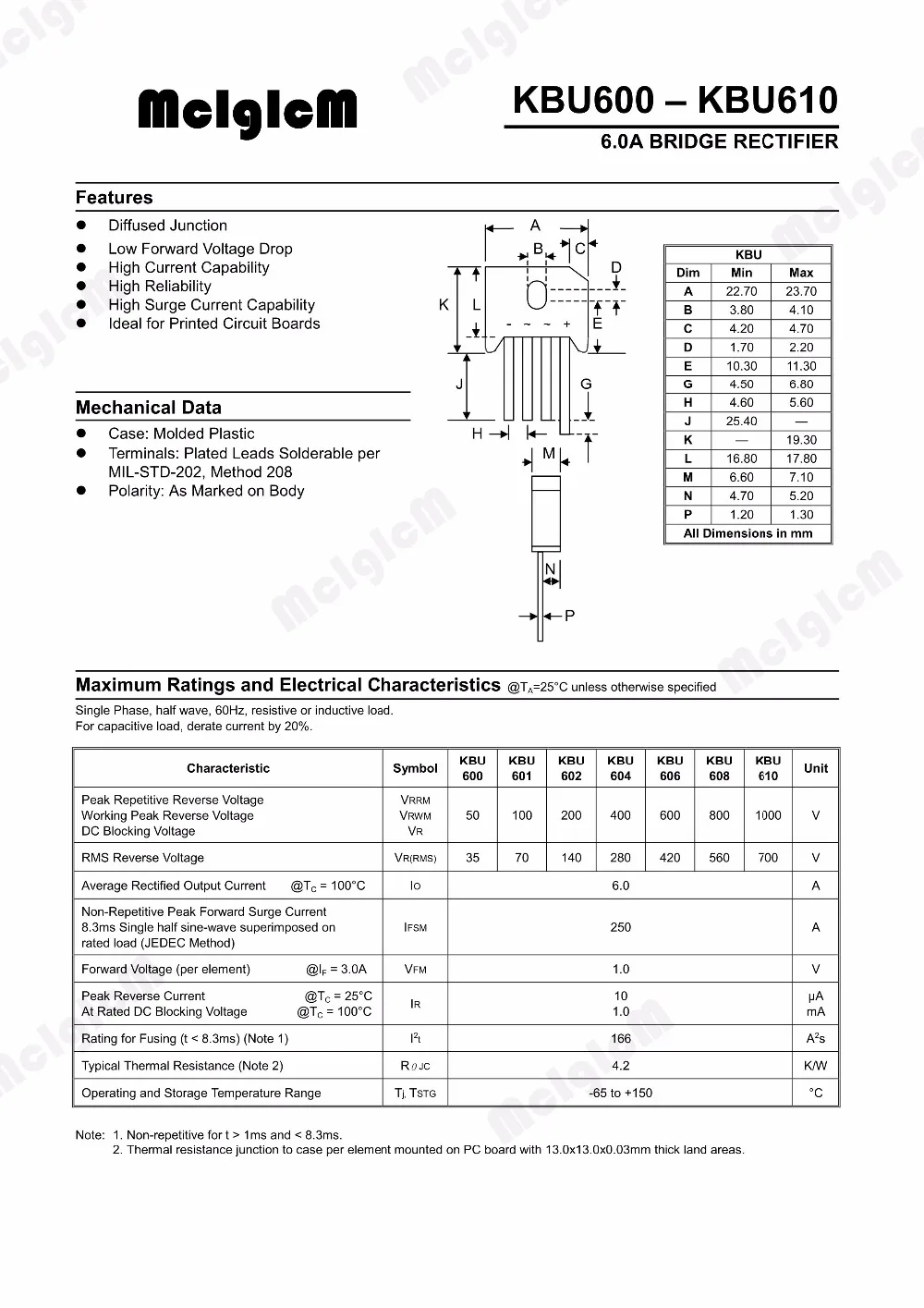 MCIGICM 10PCS 6A 600V diode bridge rectifier kbu606