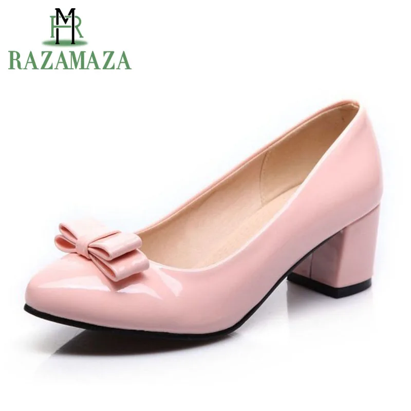 ZALAVOR Size 32-43 Women High Heel Pumps Round Toe Bowknot Slip On Thick Heel Laieds Pumps Sweety Korean For Party Footwear ZALAVOR Size 32-43 Women High Heel Pumps Round Toe Bowknot Slip On Thick Heel Laieds Pumps Sweety Korean For Party Footwear