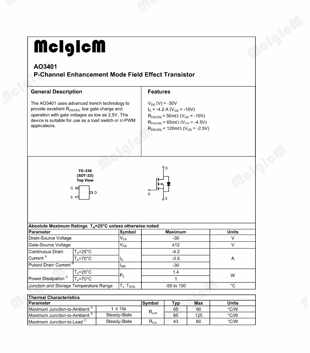 MCIGICM AO3401A, 100 шт. SMD p-канал 30 в 4A(Ta) 1,4 Вт(Ta) mosfet транзистор SOT-23 AO3401